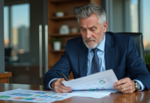 Homme d'affaires en costume étudiant des graphiques financiers