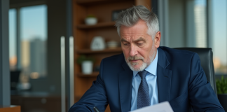 Homme d'affaires en costume étudiant des graphiques financiers