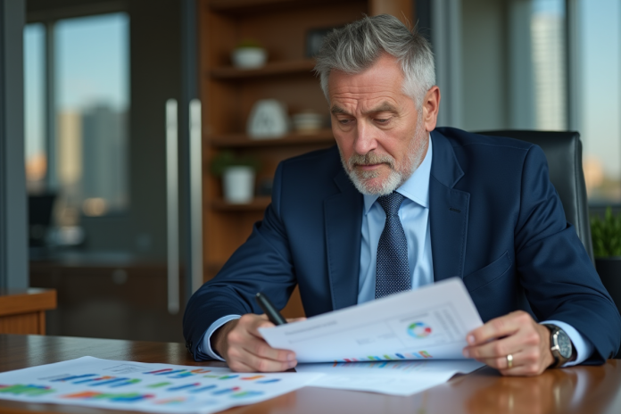 homme-finance-contrat-immobilier Homme d'affaires en costume étudiant des graphiques financiers