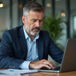 Investir PEA-PME : quelle valeur acheter ? Optimisez votre portefeuille Homme en blazer bleu analysant des graphiques financiers