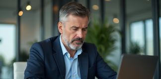 Investir PEA-PME : quelle valeur acheter ? Optimisez votre portefeuille Homme en blazer bleu analysant des graphiques financiers