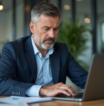 Investir PEA-PME : quelle valeur acheter ? Optimisez votre portefeuille Homme en blazer bleu analysant des graphiques financiers