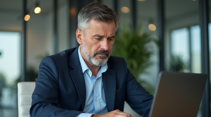 Investir PEA-PME : quelle valeur acheter ? Optimisez votre portefeuille Homme en blazer bleu analysant des graphiques financiers