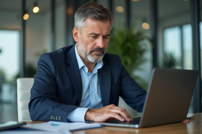homme-finance-ordinateur Homme en blazer bleu analysant des graphiques financiers
