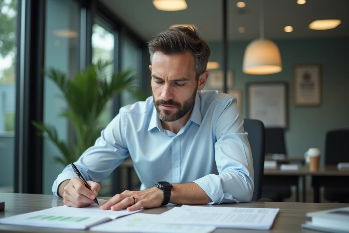 Homme remplissant un formulaire dans un bureau bancaire