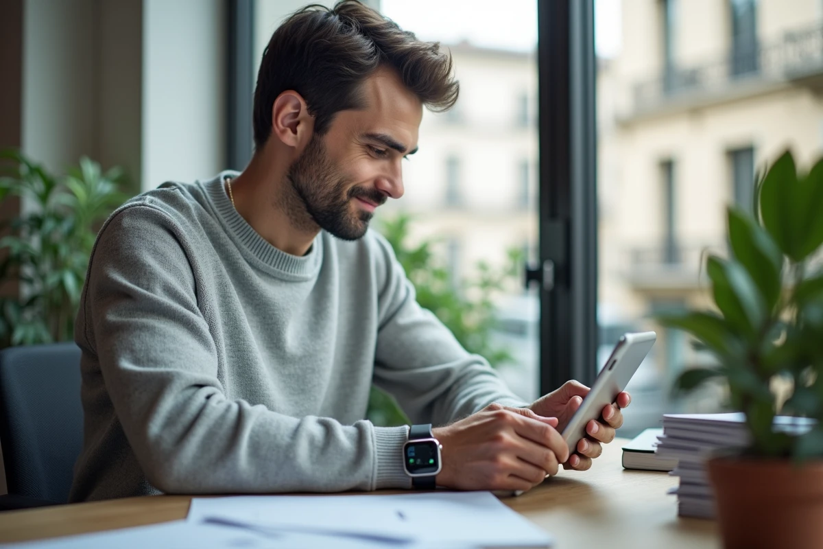 Homme utilisant une tablette pour s inscrire &agrave; Banque Postale au bureau