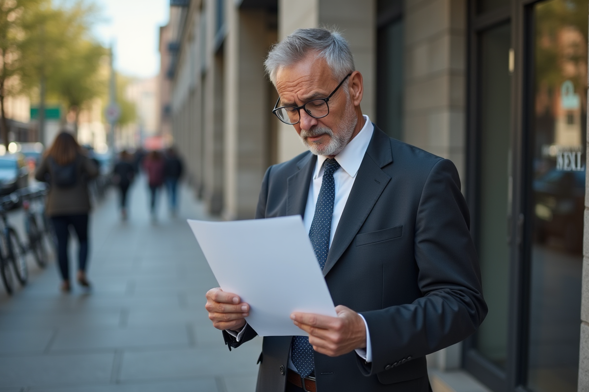 Homme en costume examinant une lettre devant une banque
