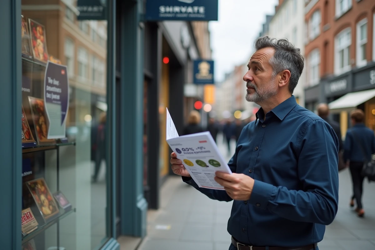 Homme vérifiant une liste papier de magasins Cadhoc devant une vitrine en ville