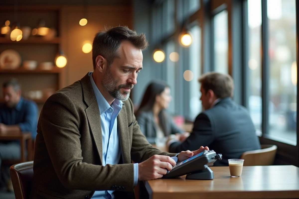 Homme en costume effectuant un paiement sans contact au cafe