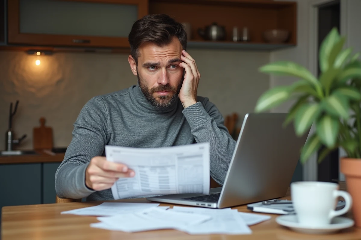 Homme en cuisine &eacute;tudiant des documents fiscaux avec ordinateur portable
