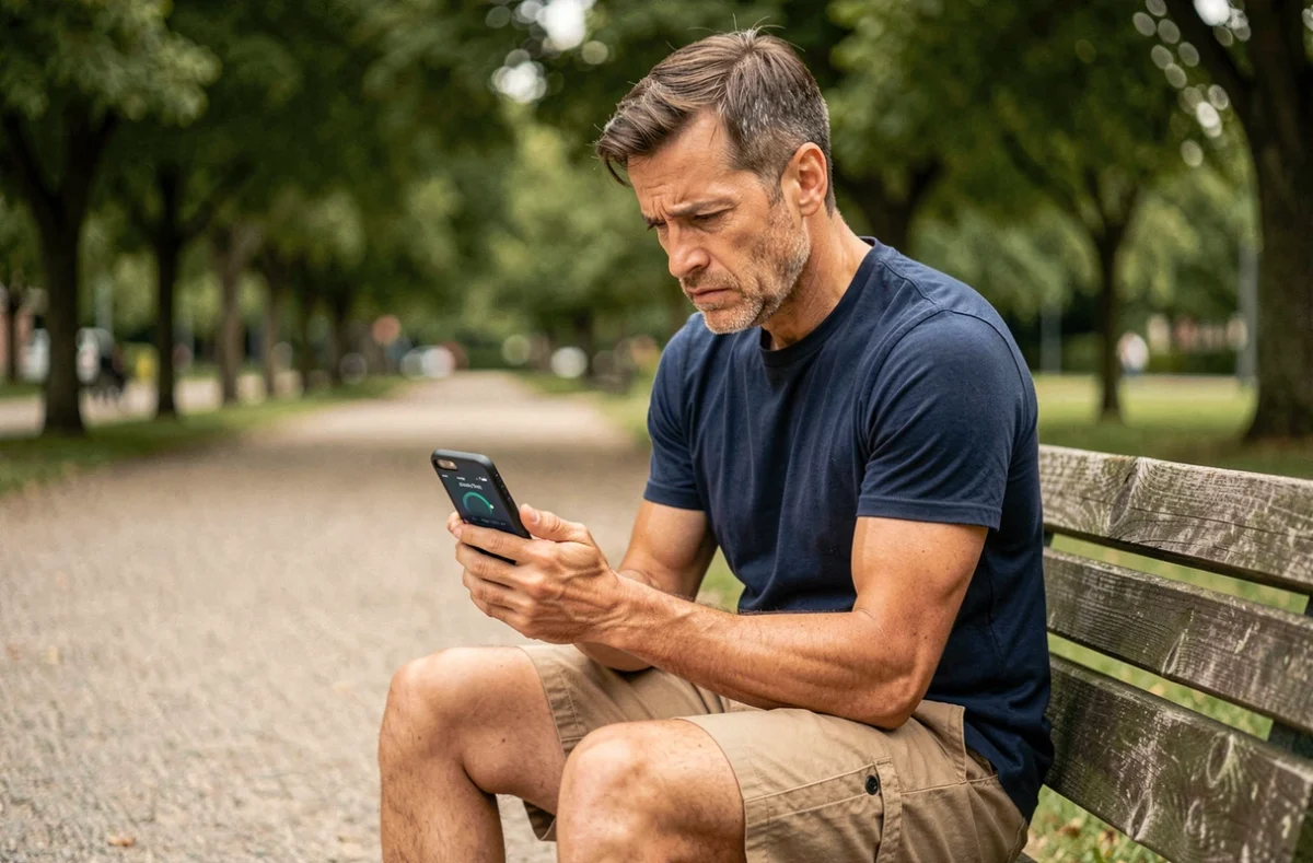 Homme assis sur un banc de parc frustré par les faibles gains de son application de marche