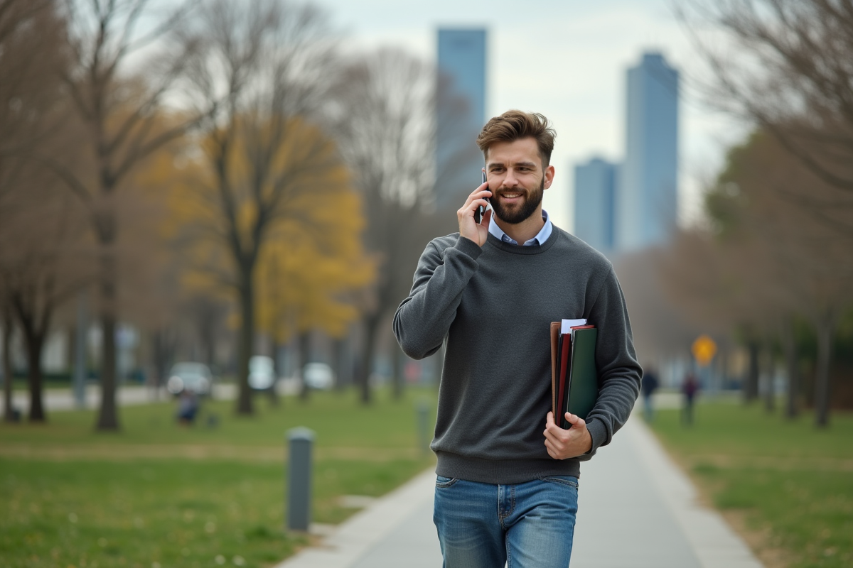 Jeune homme marche dans un parc en parlant au téléphone