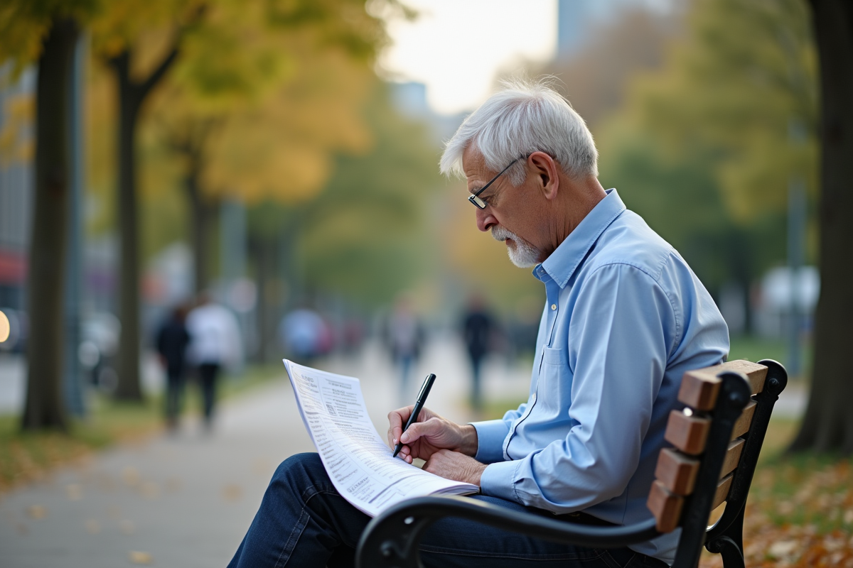 Homme d age vérifiant ses chiffres dans un parc urbain