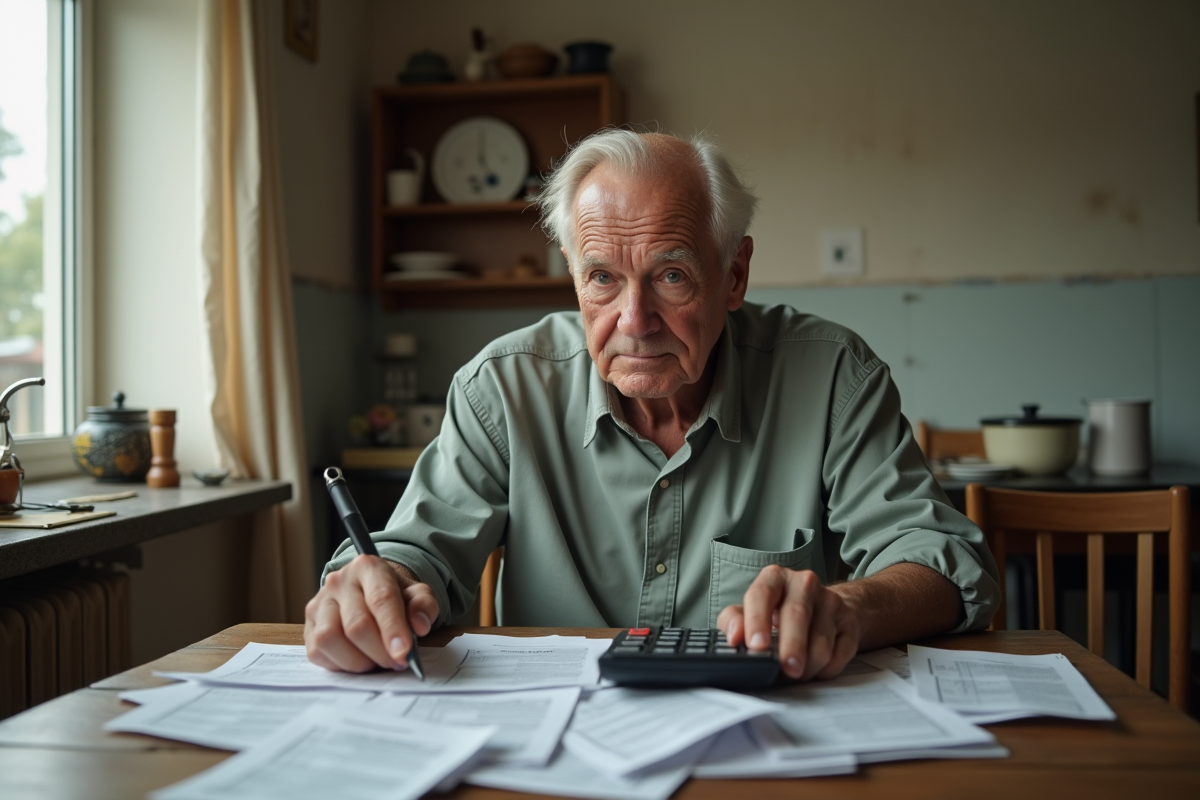 Homme âgé pensif avec factures sur une table de cuisine