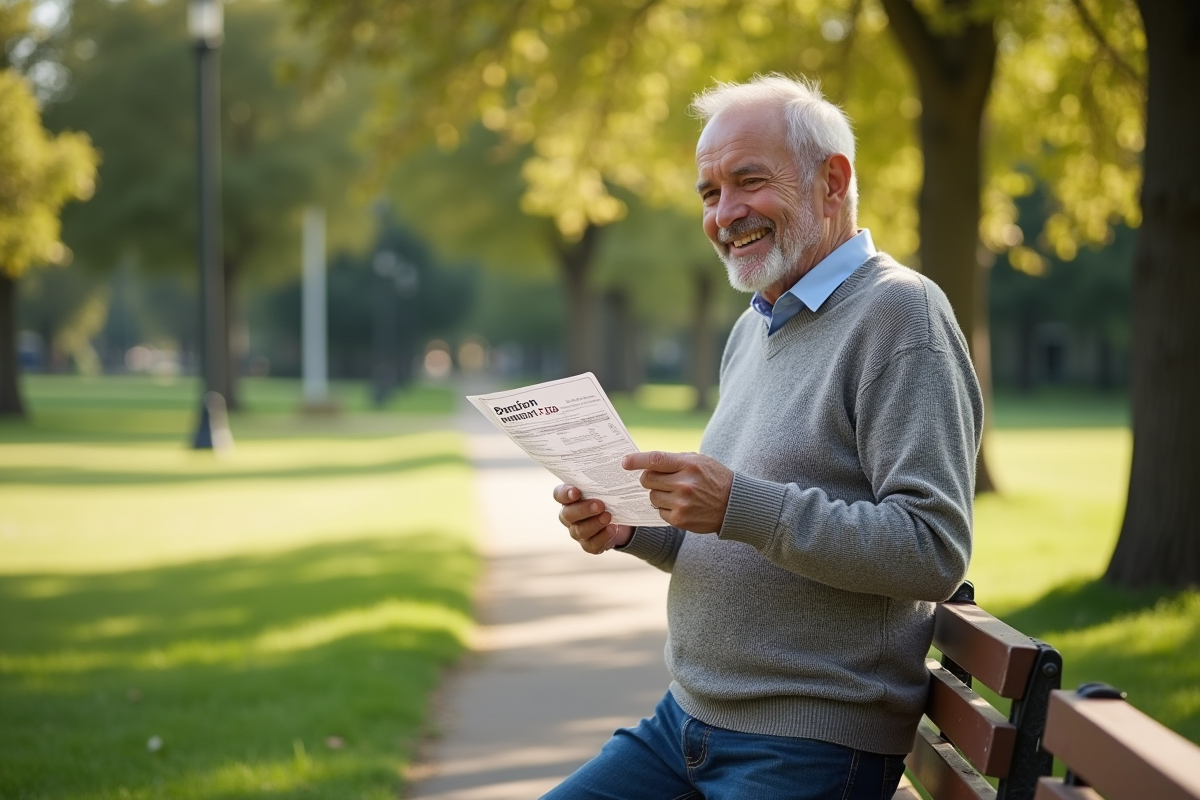 Homme retraité lisant une déclaration de pension dans un parc ensoleille