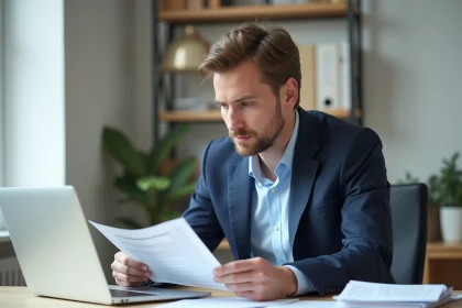 Homme d'affaires en revue de documents financiers dans un bureau moderne