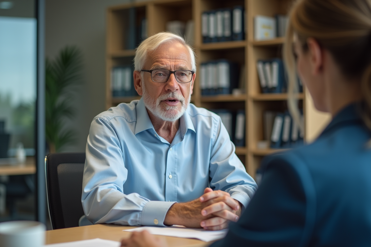 Homme âgé discute avec conseiller en assurance au bureau