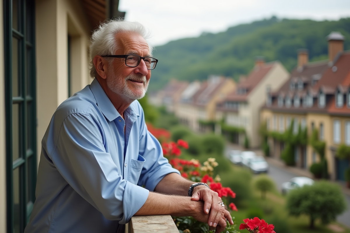 Senior homme regardant la ville depuis un balcon en plein air