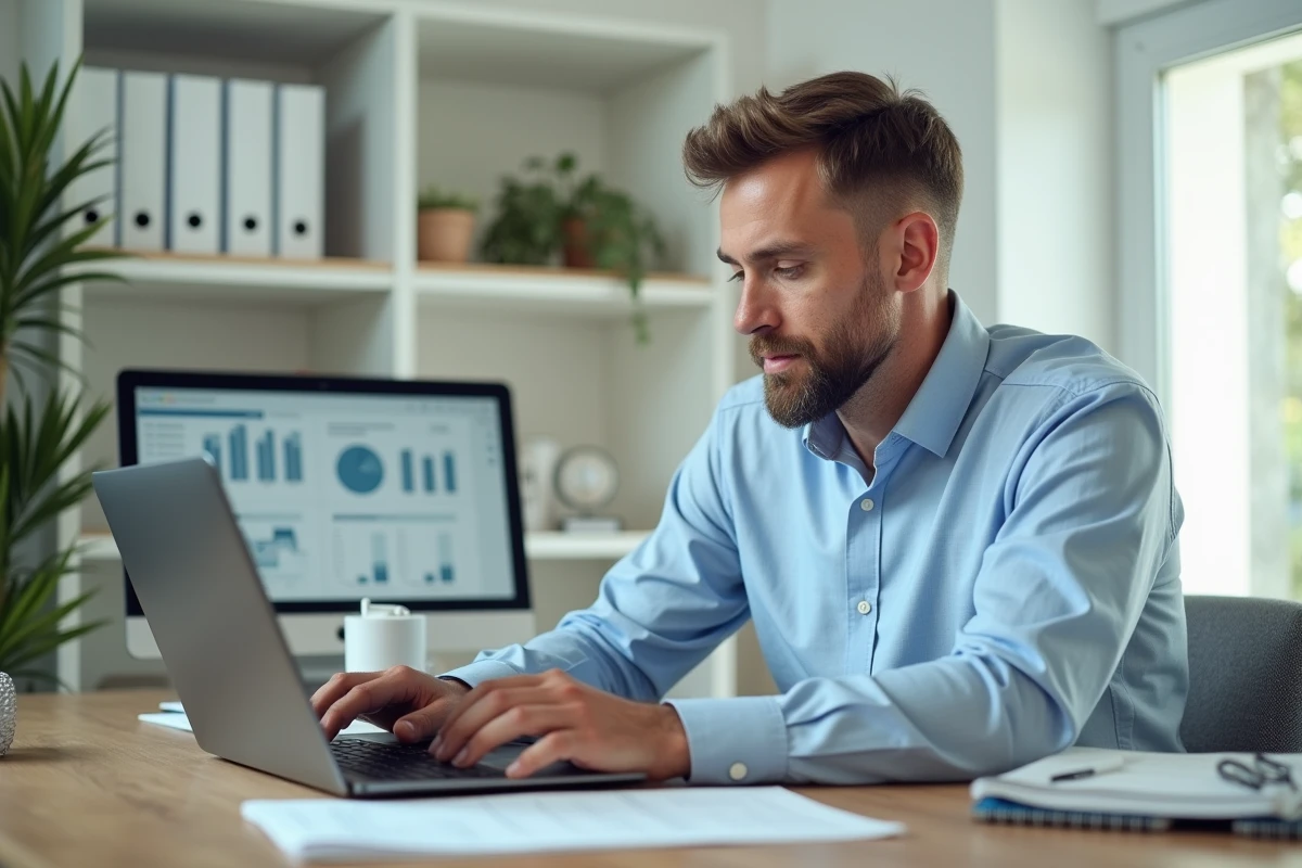 Homme consultant un simulateur de revenus fonciers et TMI sur son ordinateur portable dans un bureau à domicile