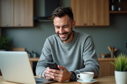 Homme souriant utilisant son smartphone pour un retrait d'argent