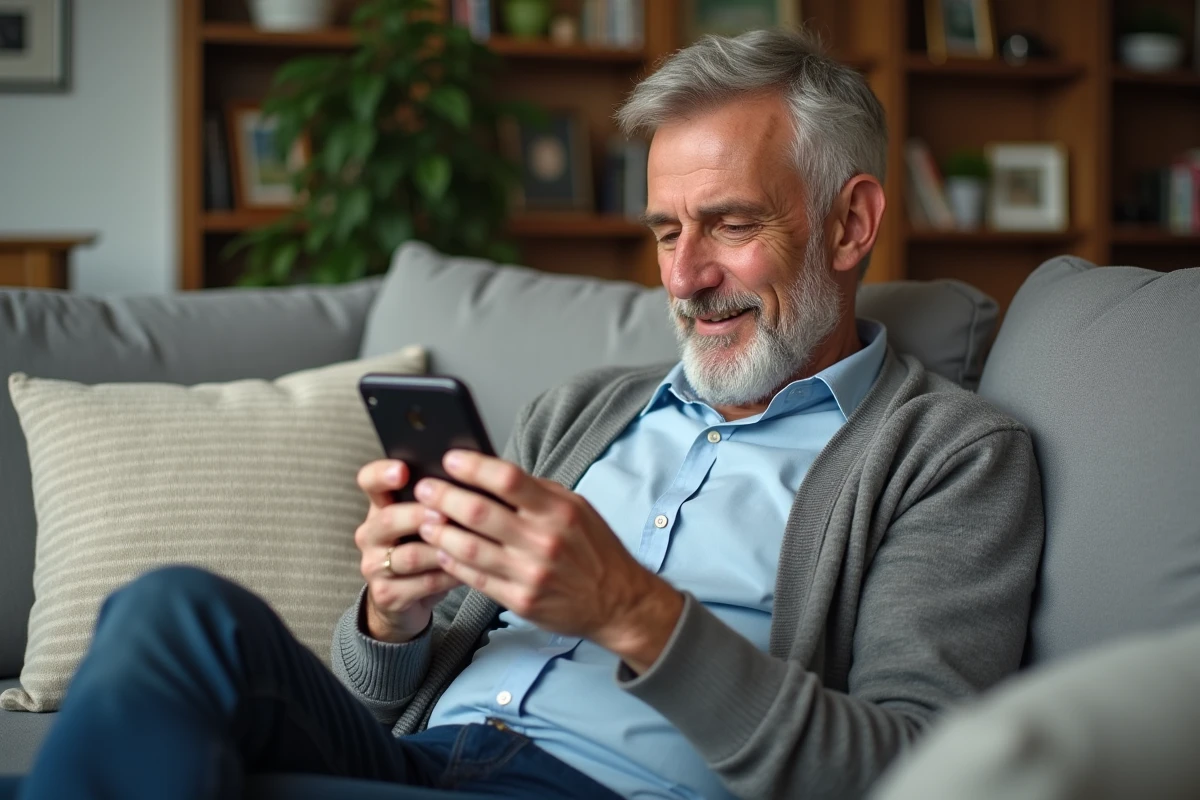 Homme utilisant un smartphone dans un salon cosy