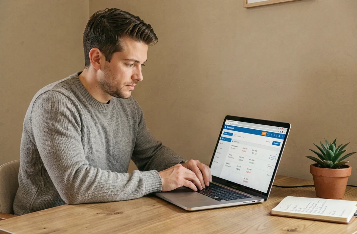 Homme consultant son espace client en ligne sur la plateforme de la Banque Postale depuis son bureau à domicile