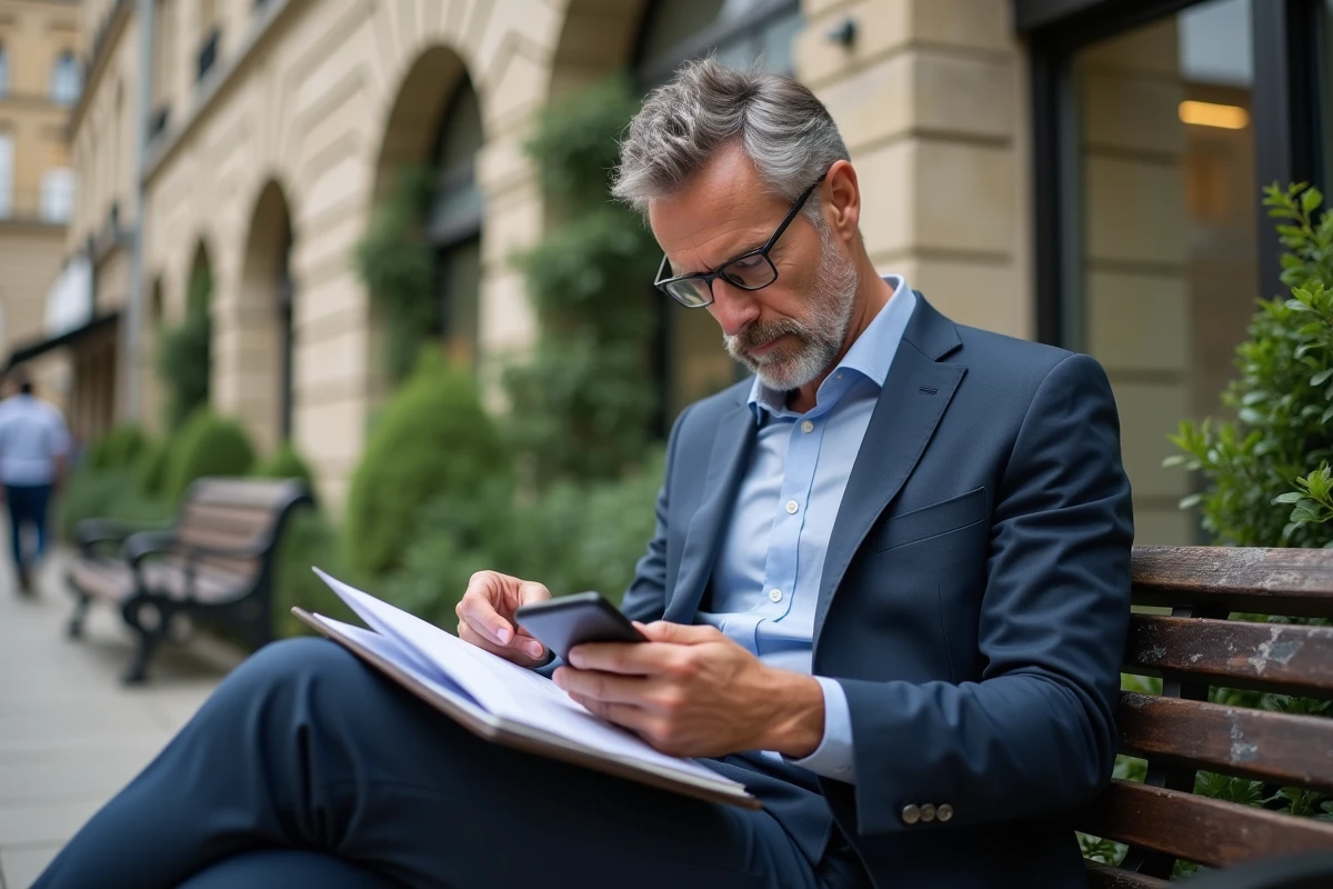 Homme d affaires consultant son smartphone en extérieur