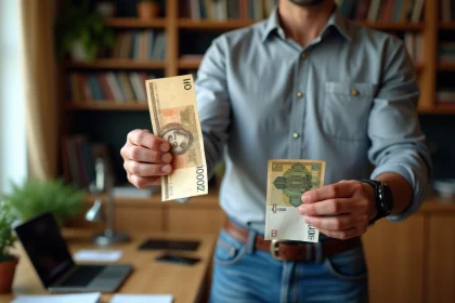 Homme français tenant un billet de 1000 francs et un euro dans un bureau