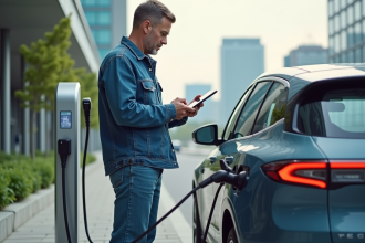 Homme d'âge moyen analysant une tablette près d'une voiture électrique
