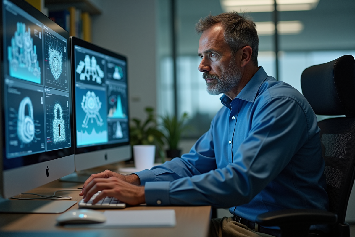 Ingénieur homme regardant des modèles 3D de sécurité