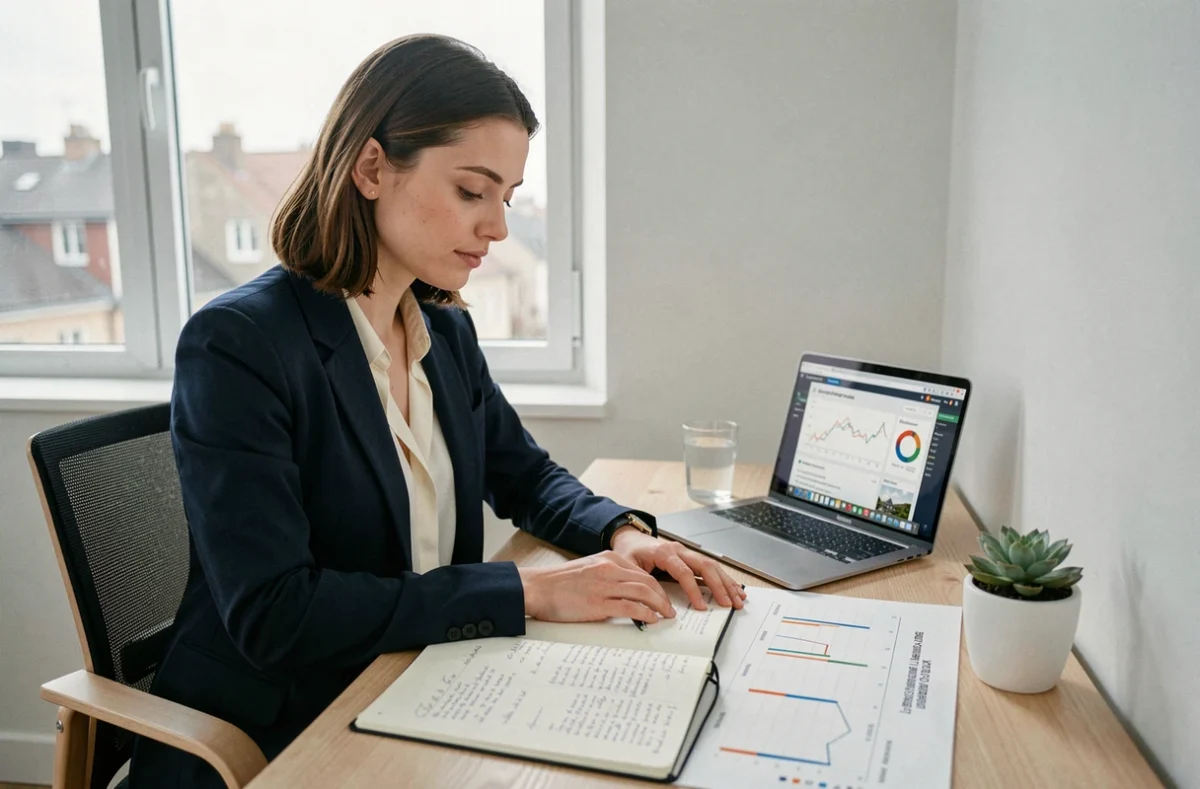 Jeune femme active analysant seule un portefeuille d'investissements alternatifs à son bureau dans un appartement moderne