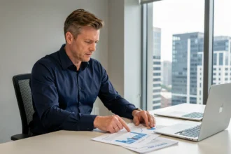 Un investisseur professionnel analyse des documents relatifs à des parts de SCPI Corum dans un bureau moderne
