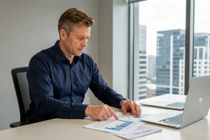 Un investisseur professionnel analyse des documents relatifs à des parts de SCPI Corum dans un bureau moderne