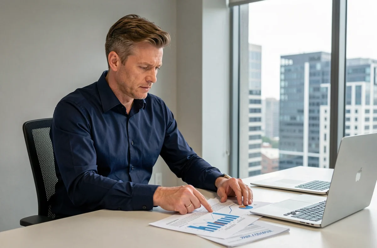 Un investisseur professionnel analyse des documents relatifs à des parts de SCPI Corum dans un bureau moderne