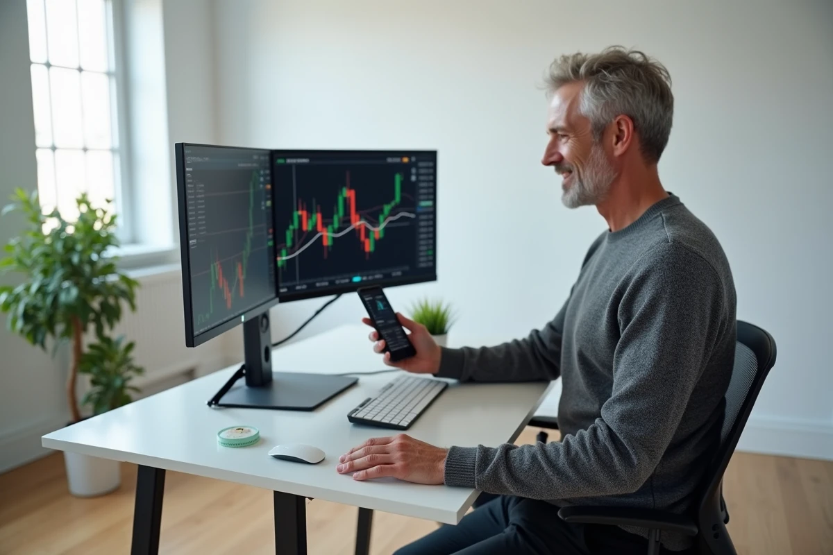 Investisseur debout consultant un graphique boursier avec cassure de la ligne de cou du double bottom sur smartphone