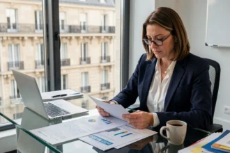 Femme investisseuse analysant des documents de SCPI dans un bureau moderne à Paris