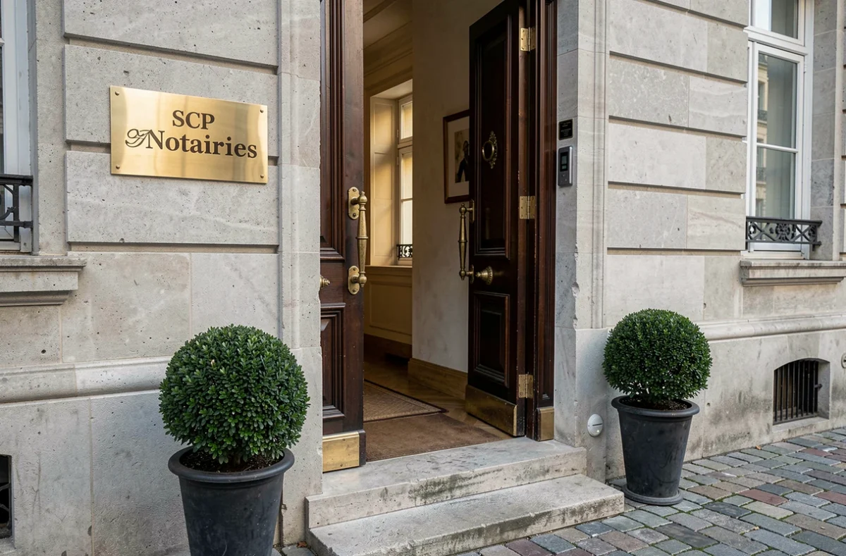 Entrée d'un cabinet notarial SCP en Indre-et-Loire avec plaque en laiton poli sur façade en pierre de taille