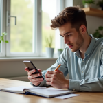 Jeune adulte gérant ses finances avec smartphone et carnet