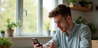 Jeune adulte gérant ses finances avec smartphone et carnet