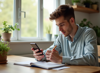 Jeune adulte gérant ses finances avec smartphone et carnet
