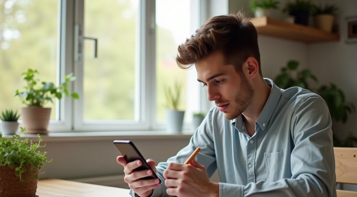 Jeune adulte gérant ses finances avec smartphone et carnet