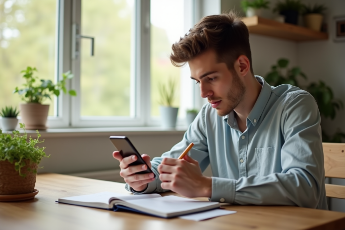 jeune-adulte-gestion-finances Jeune adulte gérant ses finances avec smartphone et carnet