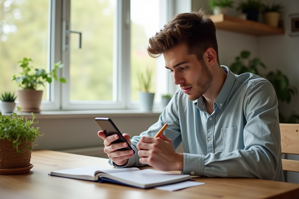 Jeune adulte gérant ses finances avec smartphone et carnet