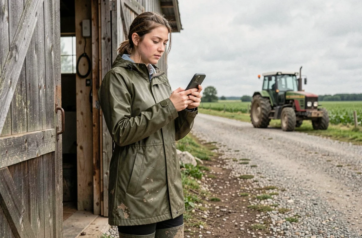 Jeune agricultrice consultant un devis de mutuelle MSA sur son smartphone dans une cour de ferme