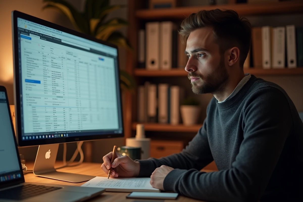 Jeune comptable consultant un plan comptable PDF sur ordinateur dans un bureau à domicile