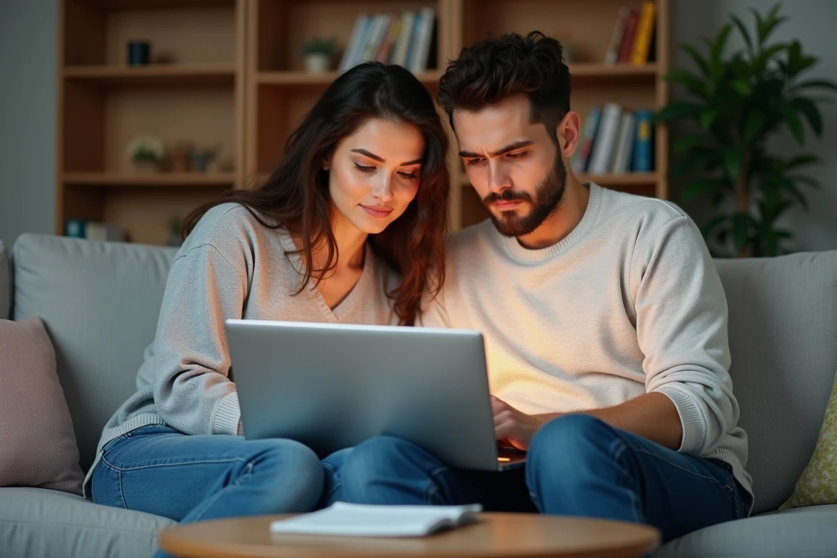 Jeune couple comparant des organismes de crédit accessibles en ligne depuis leur salon
