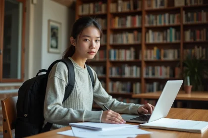 Jeune femme étudiante à la bibliothèque en train d'étudier