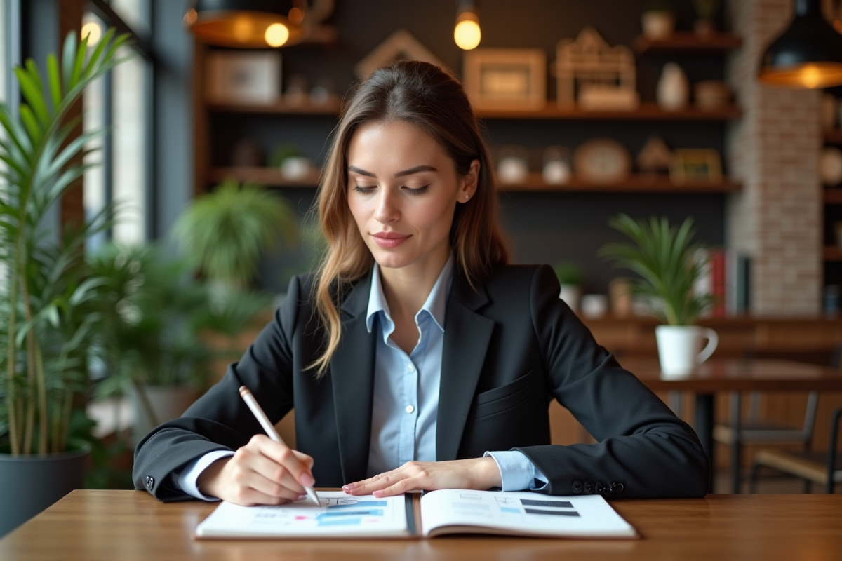 Jeune entrepreneure esquissant des diagrammes dans un café
