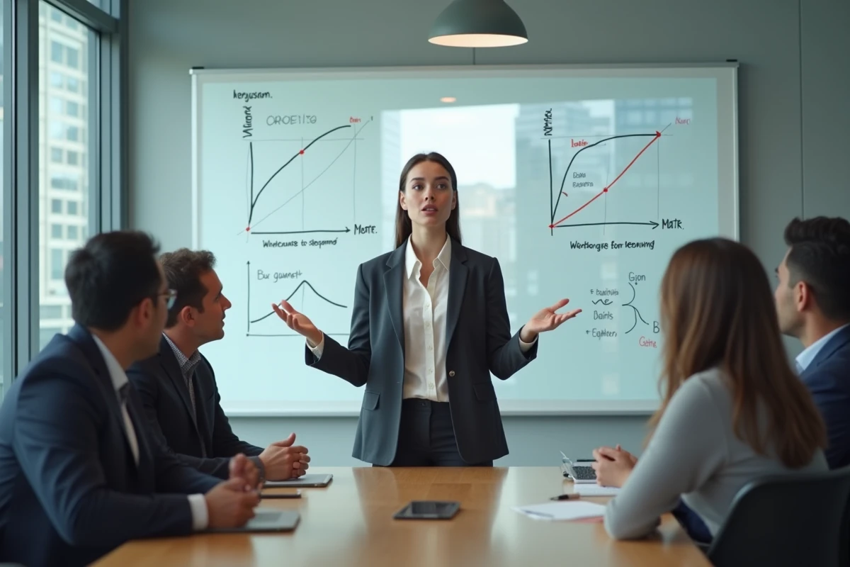 Jeune femme expliquant un concept &eacute;conomique lors d