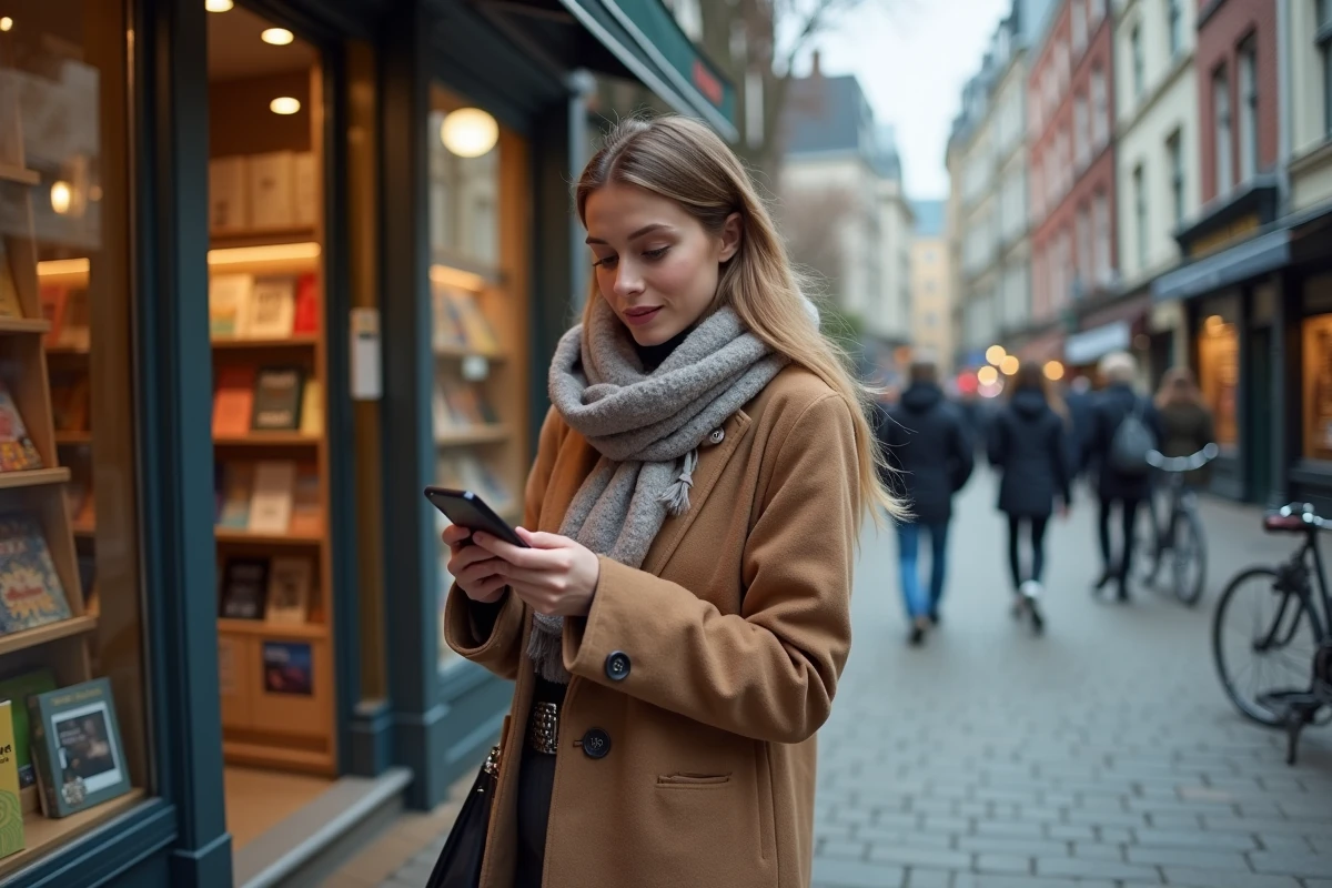 Jeune femme vérifiant une liste numérique devant une librairie urbaine